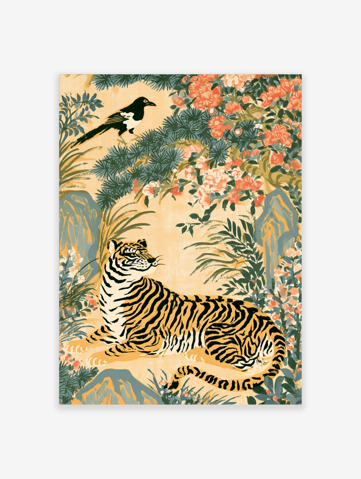Tiger and magpie art print with pine branches and coral blossoms on beige background