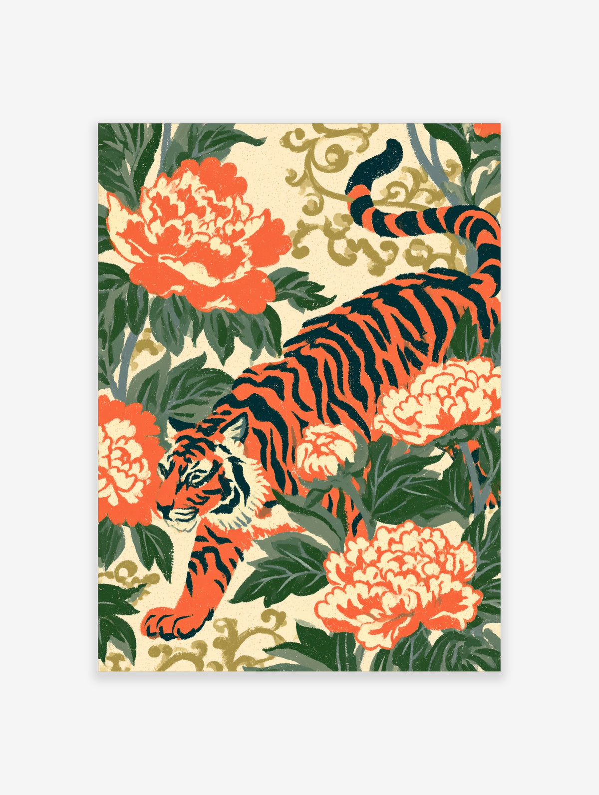 Orange and black tiger walking among cream and coral peonies with green leaves and gold scrollwork