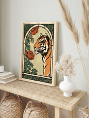 Art Nouveau style illustration of an orange tiger with red poppies and green foliage in an, in an alternate framed mockup
