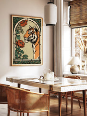Art Nouveau style illustration of an orange tiger with red poppies and green foliage in an arched, in a styled room mockup