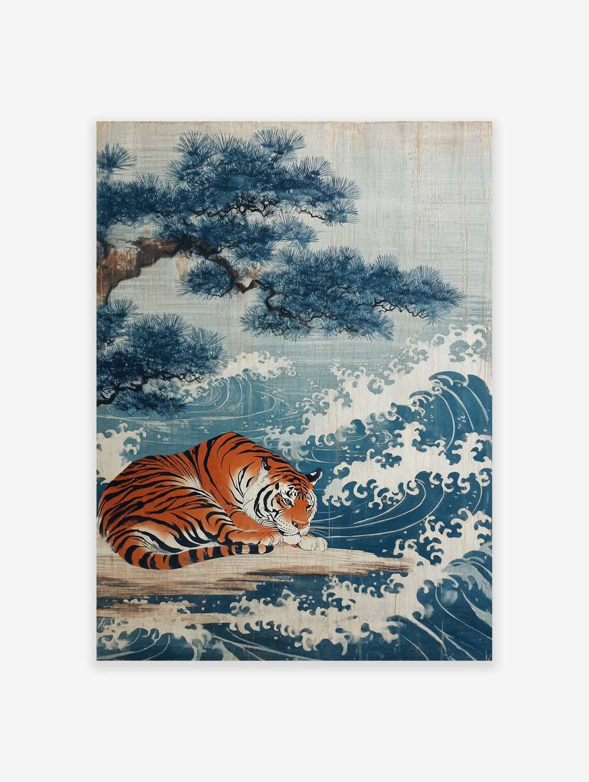 Japanese art poster featuring a tiger resting beside blue waves and a pine tree on a light background.