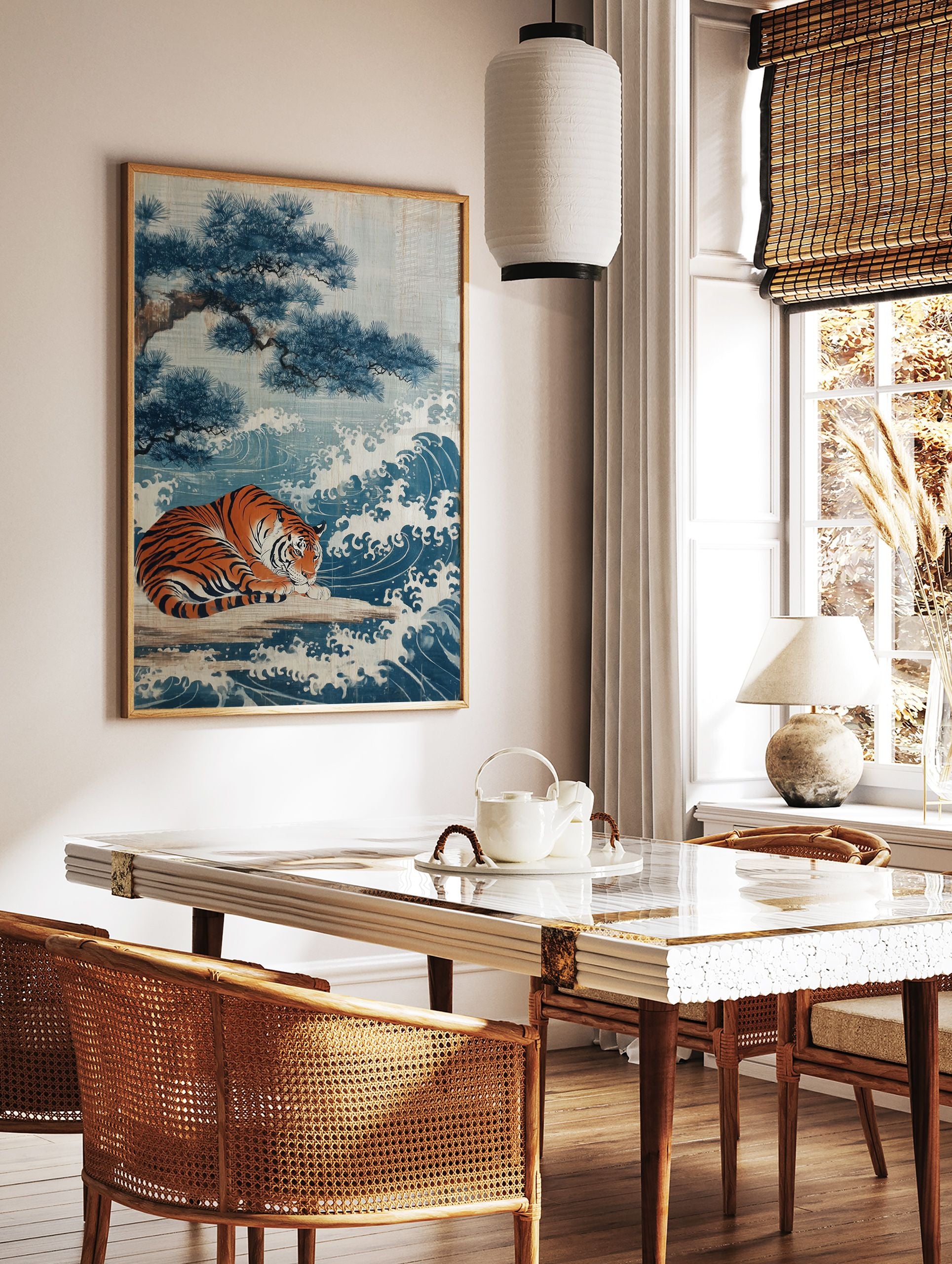 Japanese art poster featuring a tiger resting beside blue waves and a pine tree on a light background. - Image 2