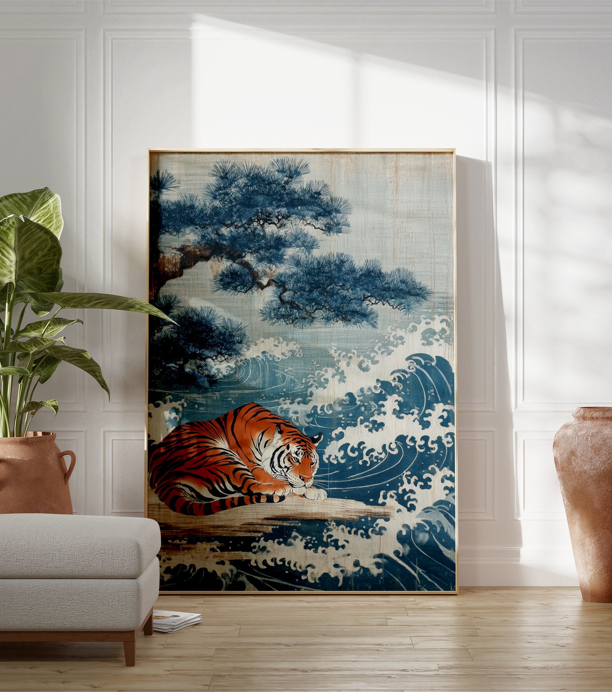 Japanese art poster featuring a tiger resting beside blue waves and a pine tree on a light background. - Image 3