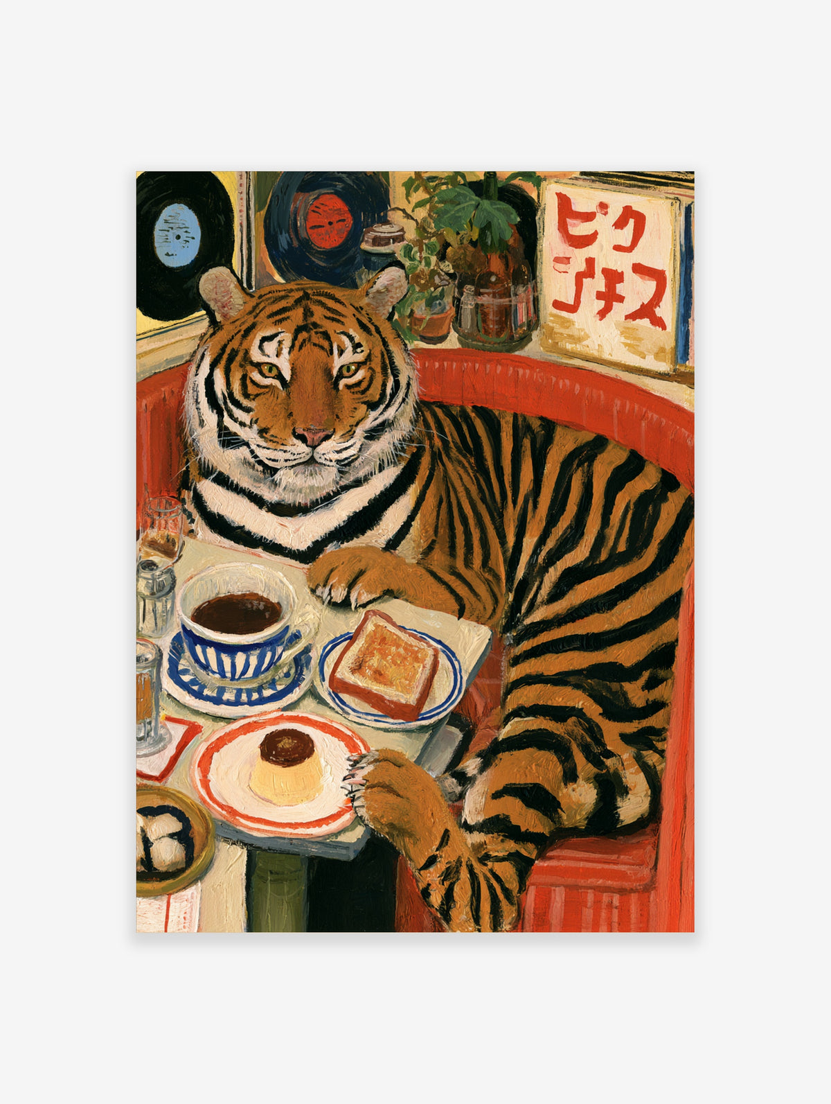 Tiger sitting in a red diner booth with coffee and pudding, with vinyl records and Japanese text in the background