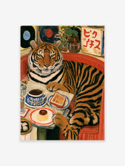 Tiger sitting in a red diner booth with coffee and pudding, with vinyl records and Japanese text in the background