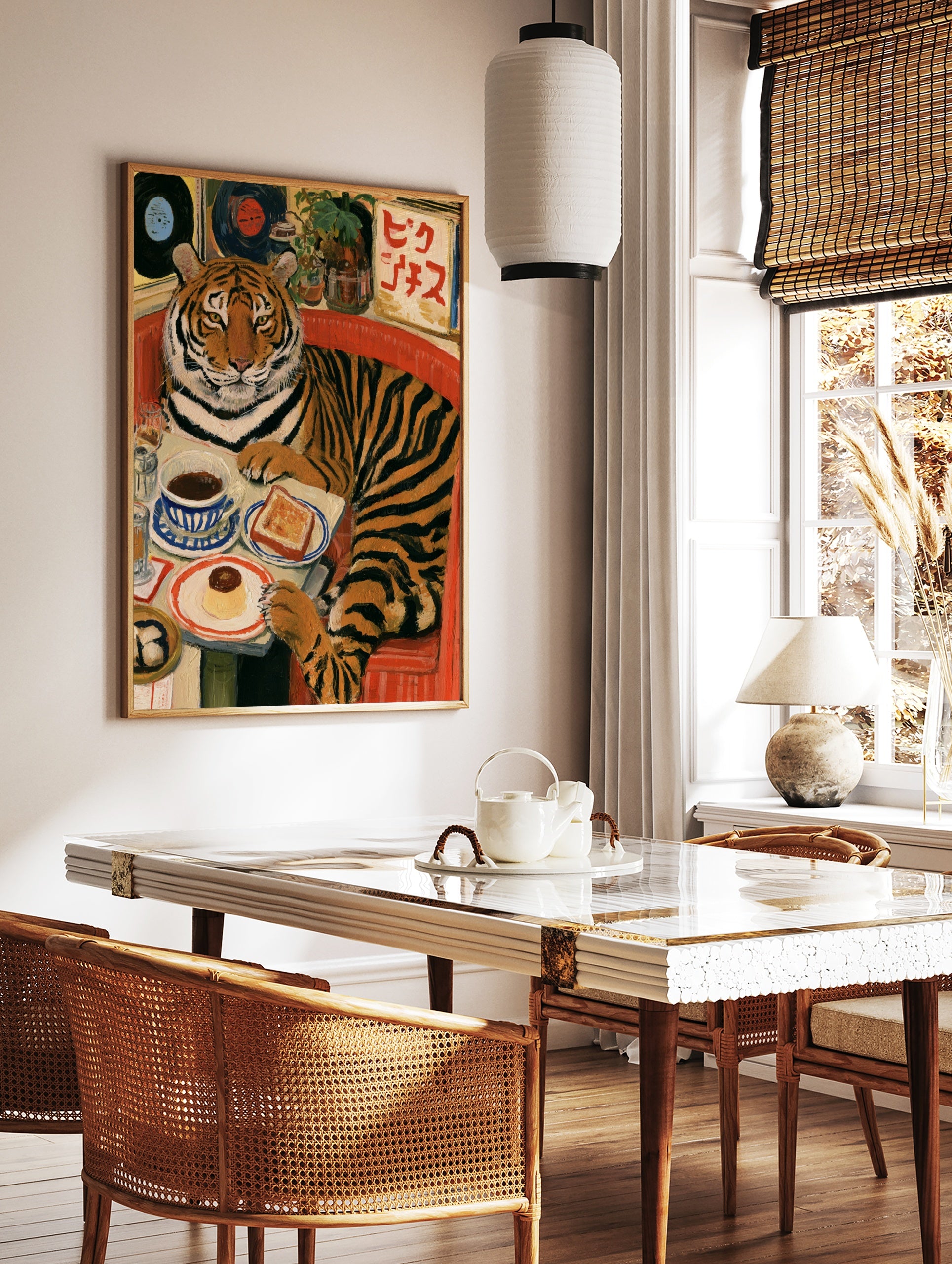 Tiger sitting in a red diner booth with coffee and pudding, with vinyl records and Japanese text in, in a styled room mockup