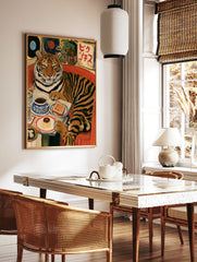 Tiger sitting in a red diner booth with coffee and pudding, with vinyl records and Japanese text in, in a styled room mockup