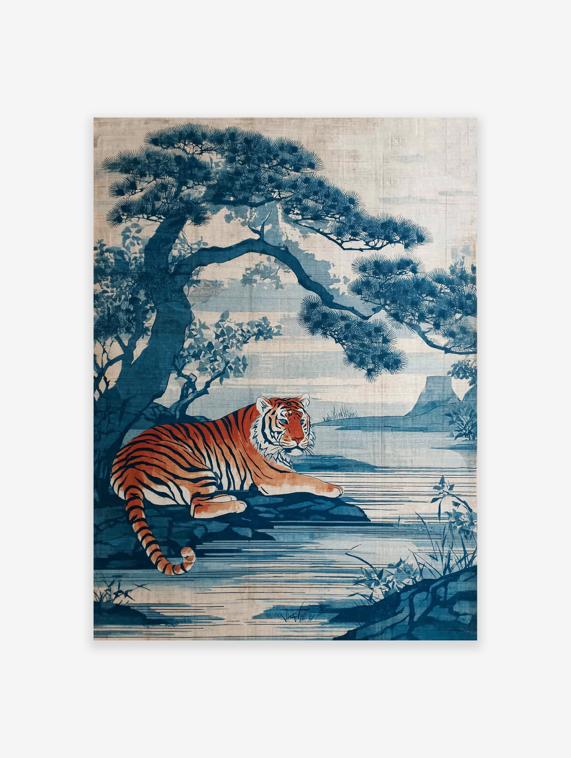 Japanese indigo art poster featuring an orange and black striped tiger lying by a blue lake with a large pine tree.