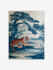 Japanese indigo art poster featuring an orange and black striped tiger lying by a blue lake with a large pine tree.