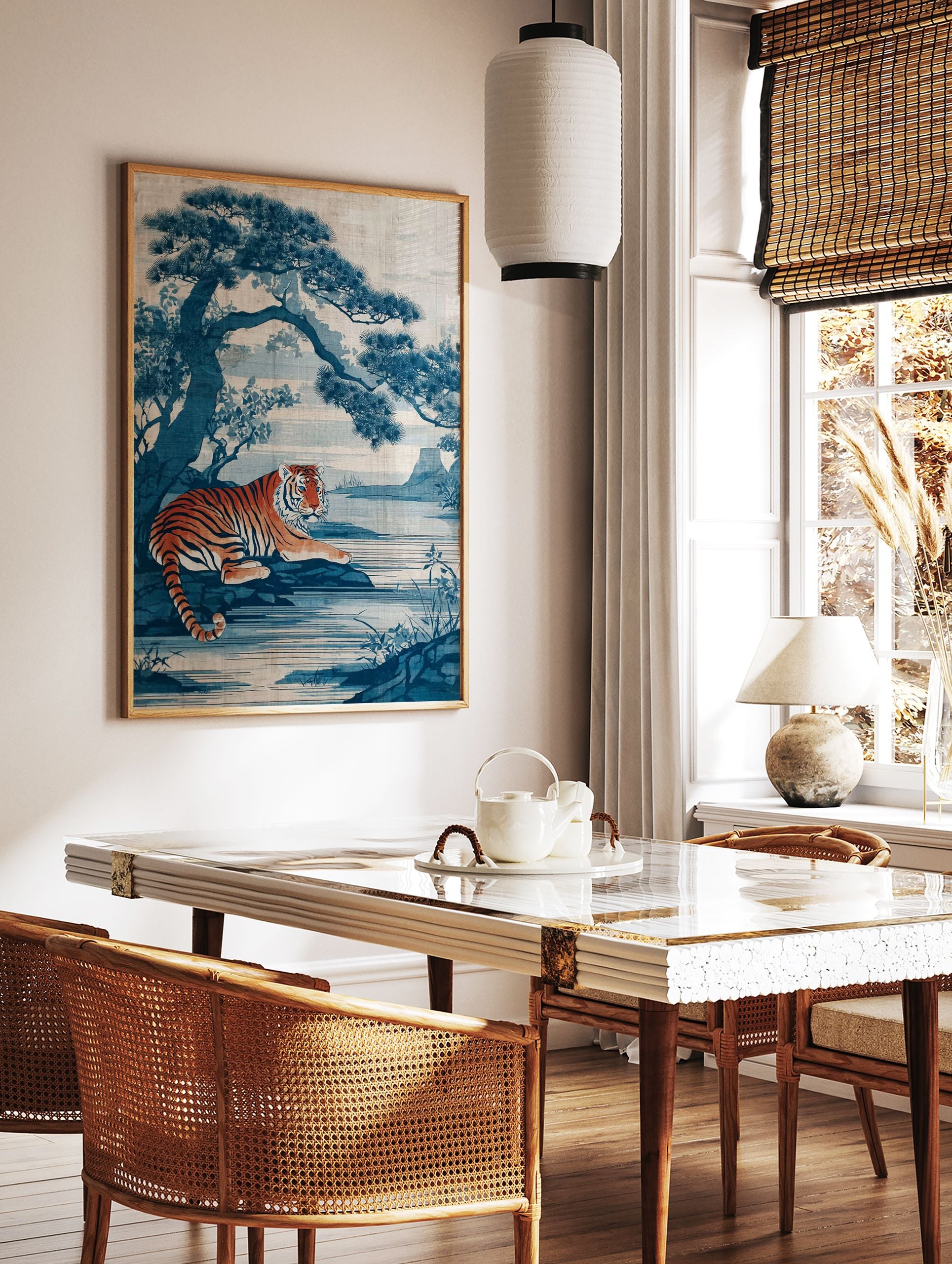 Japanese indigo art poster featuring an orange and black striped tiger lying by a blue lake with a large pine tree. - Image 2