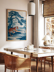 Japanese indigo art poster featuring an orange and black striped tiger lying by a blue lake with a large pine tree. - Image 2