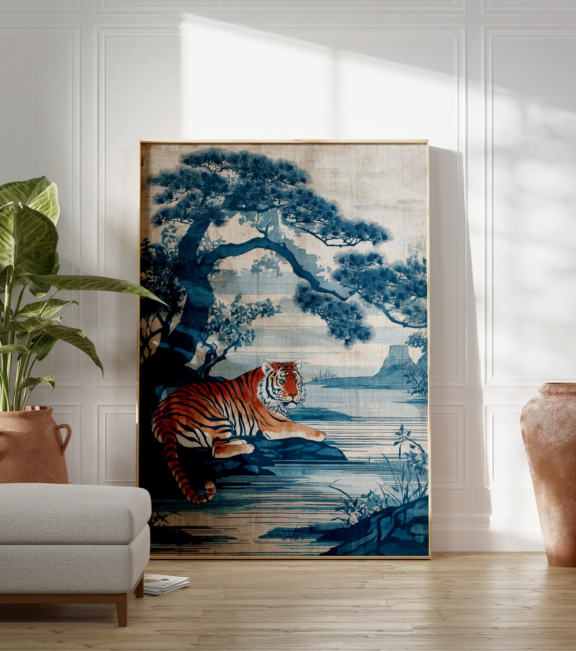 Japanese indigo art poster featuring an orange and black striped tiger lying by a blue lake with a large pine tree. - Image 3