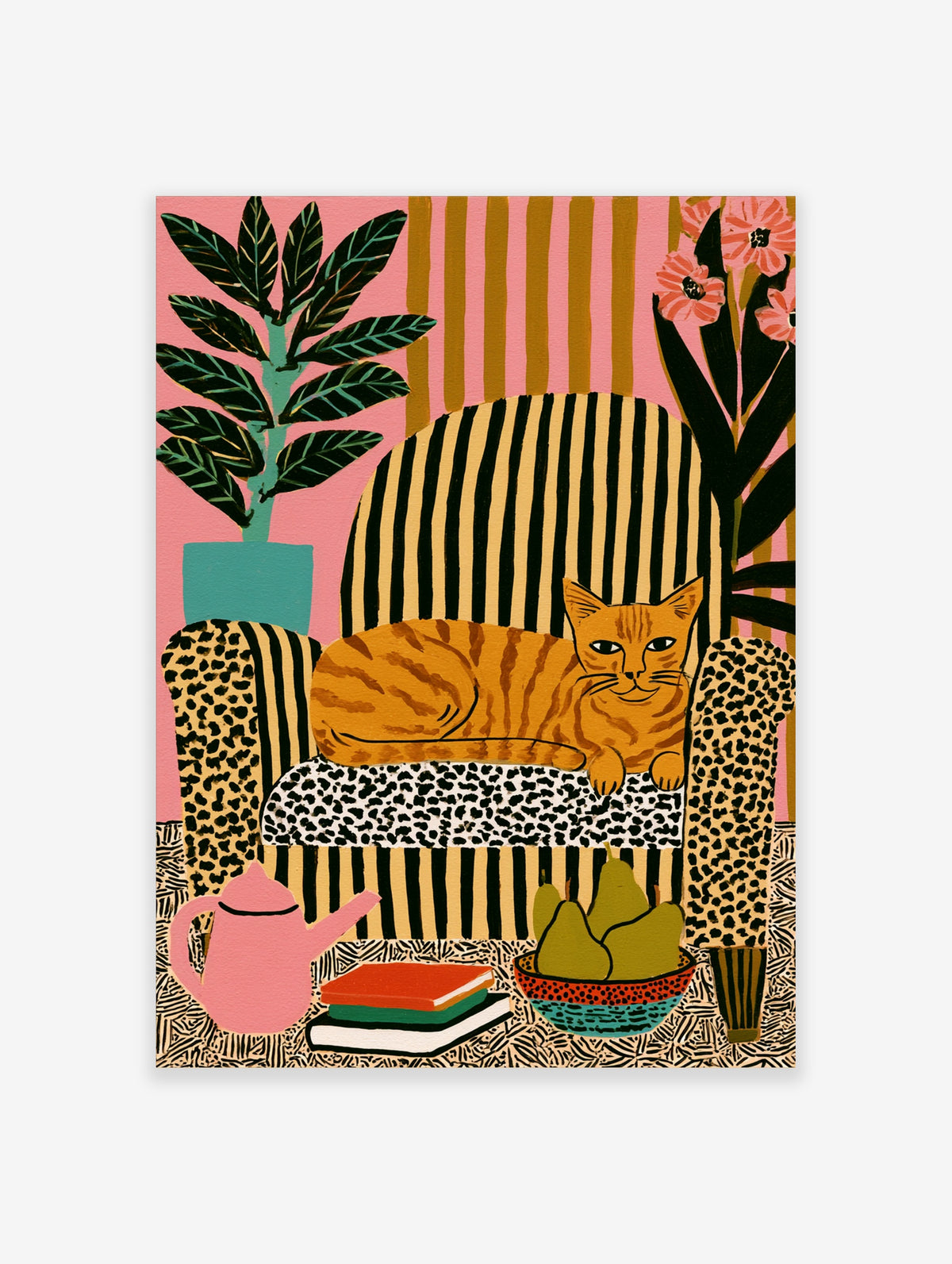 Ginger tabby cat on leopard-print armchair with teapot, pears and pink striped wall art print