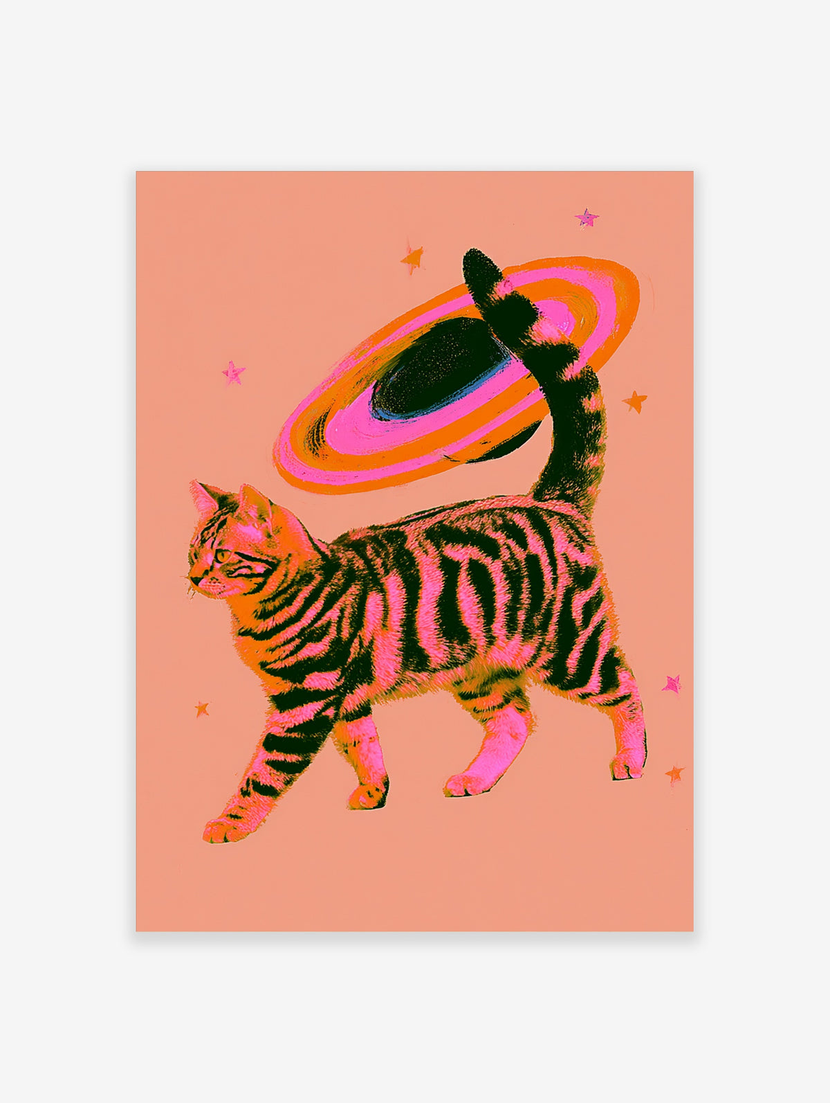Tiger cat walking under a pink and orange ringed planet with stars on a peach background