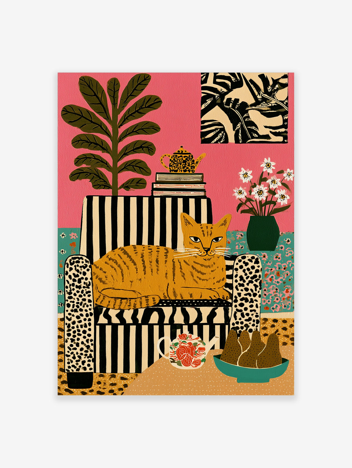 Ginger tabby cat on striped armchair with pink background, teapot, pears and leopard print armrests