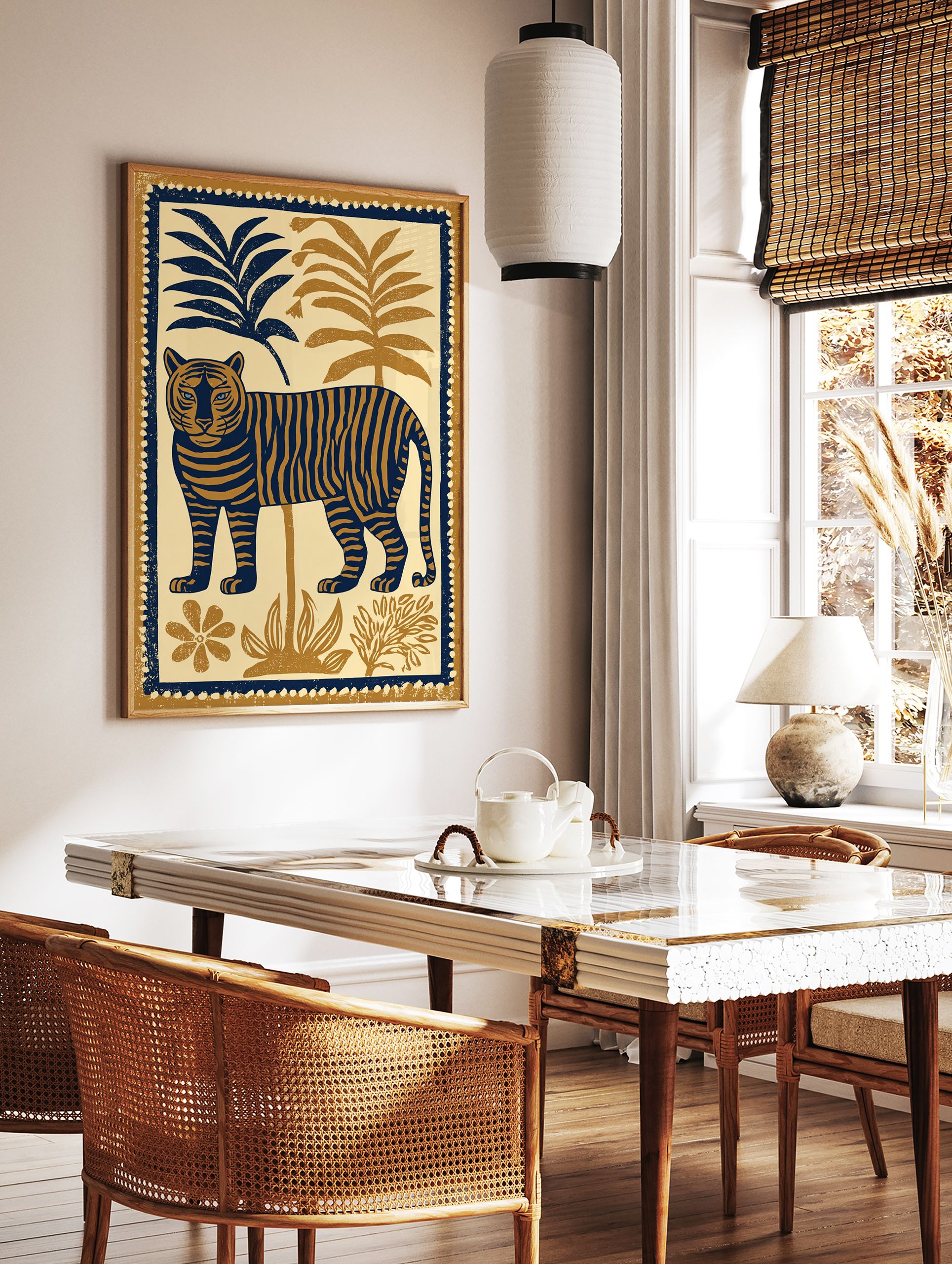 Tiger illustration art poster featuring a blue and brown tiger among tropical plants. - Image 2
