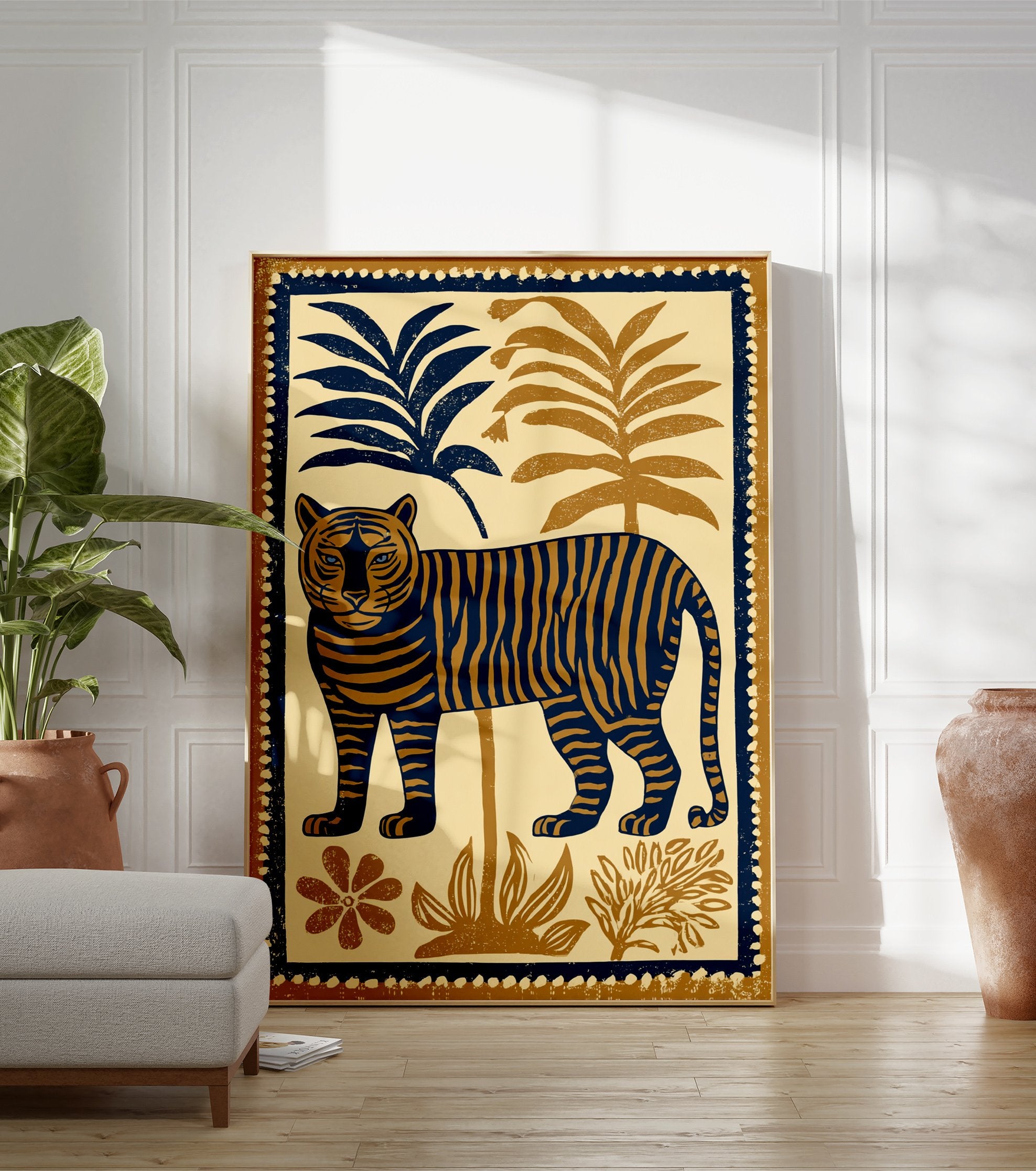 Tiger illustration art poster featuring a blue and brown tiger among tropical plants. - Image 3