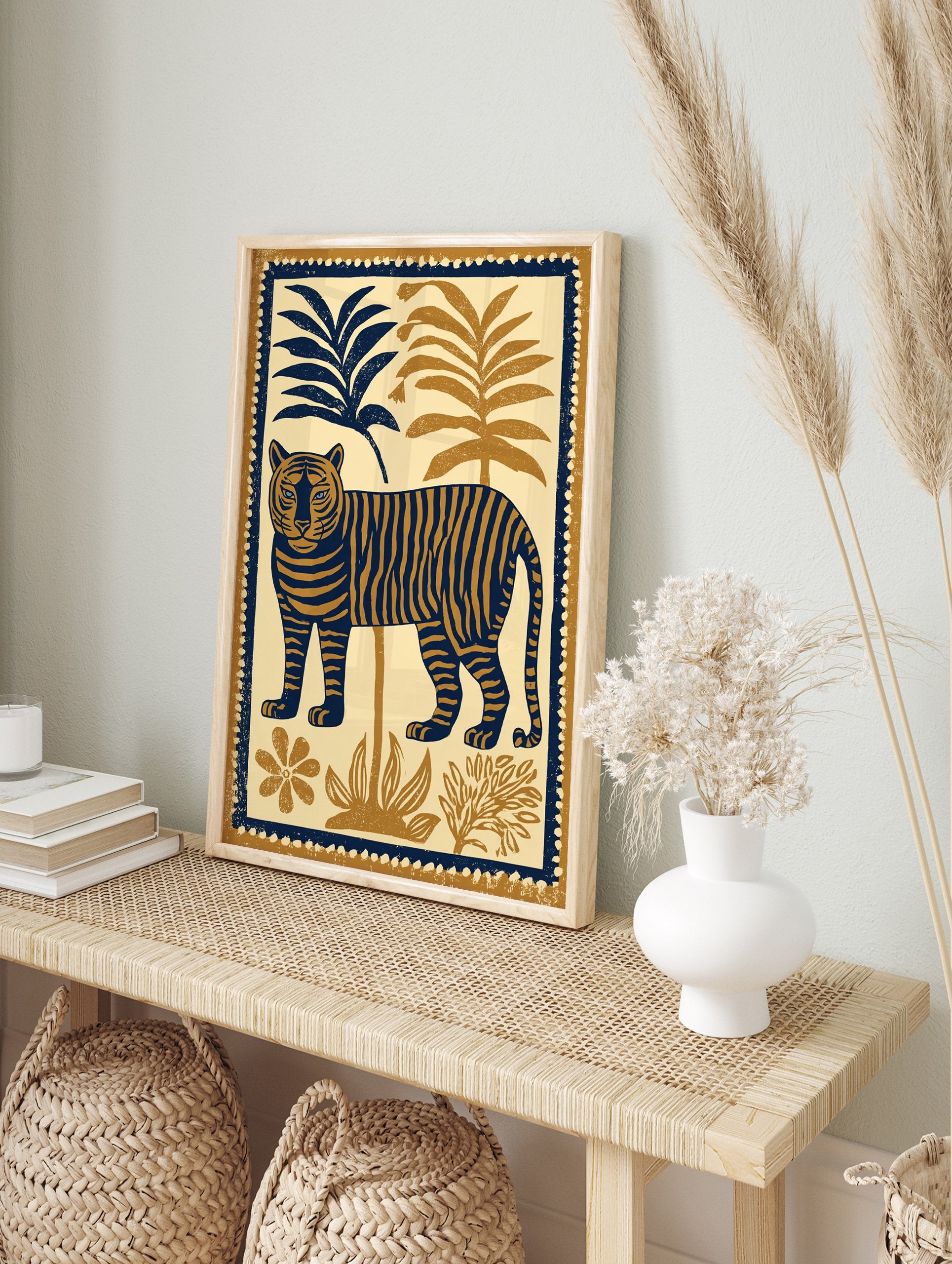 Tiger illustration art poster featuring a blue and brown tiger among tropical plants. - Image 4
