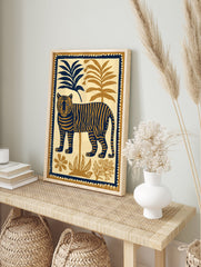 Tiger illustration art poster featuring a blue and brown tiger among tropical plants. - Image 4