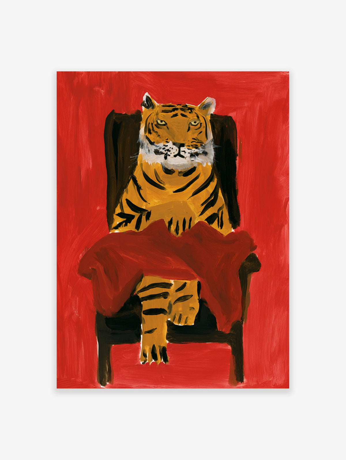 Painterly tiger portrait with orange and black stripes sitting on a chair against a solid vibrant red background