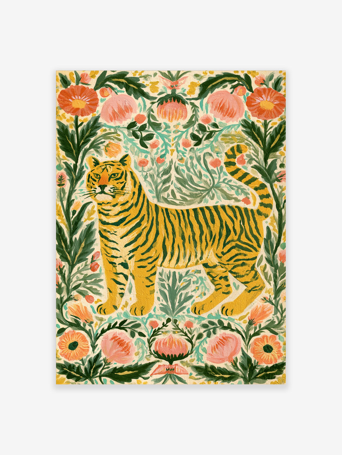 Yellow tiger with green stripes standing among pink and orange flowers on a cream background