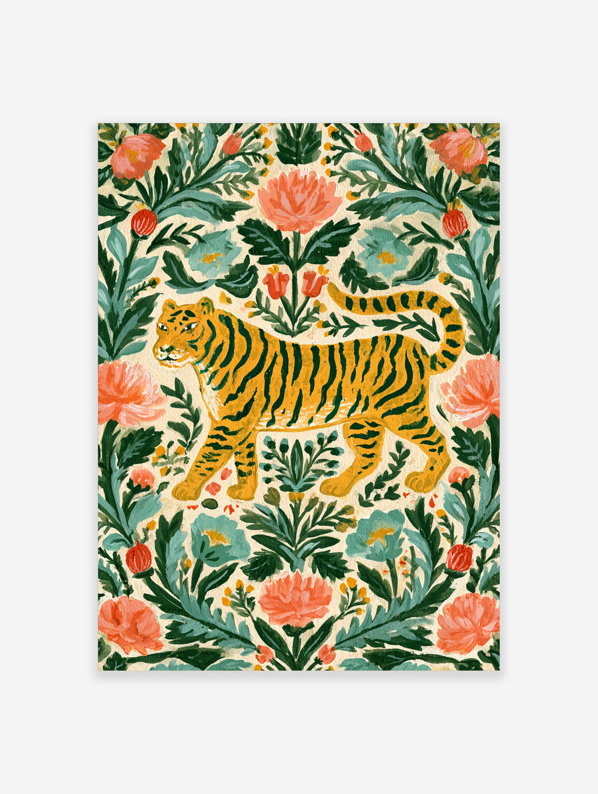 Tiger with green stripes walking among pink peonies and teal leaves on a cream background