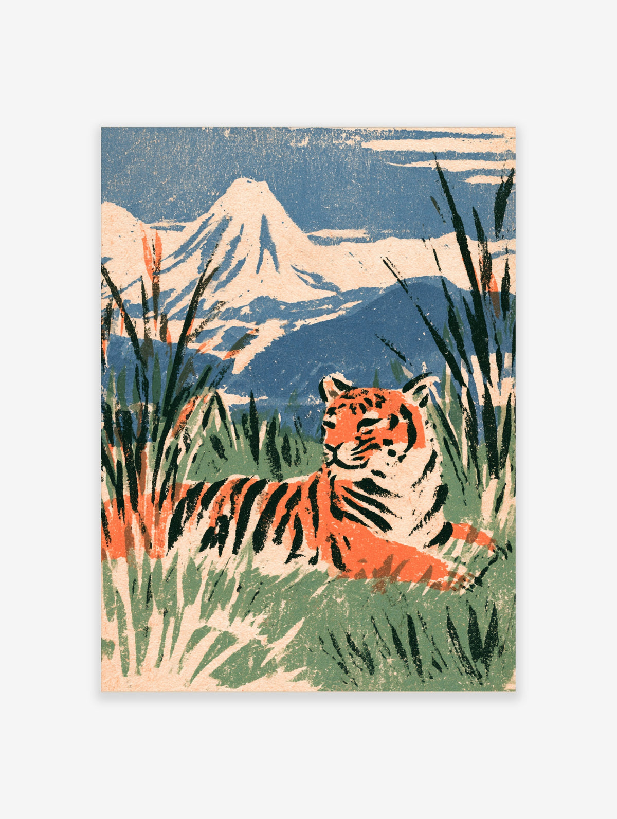 Tiger seated in tall green grass before a snow-capped mountain, Japanese woodblock style art print