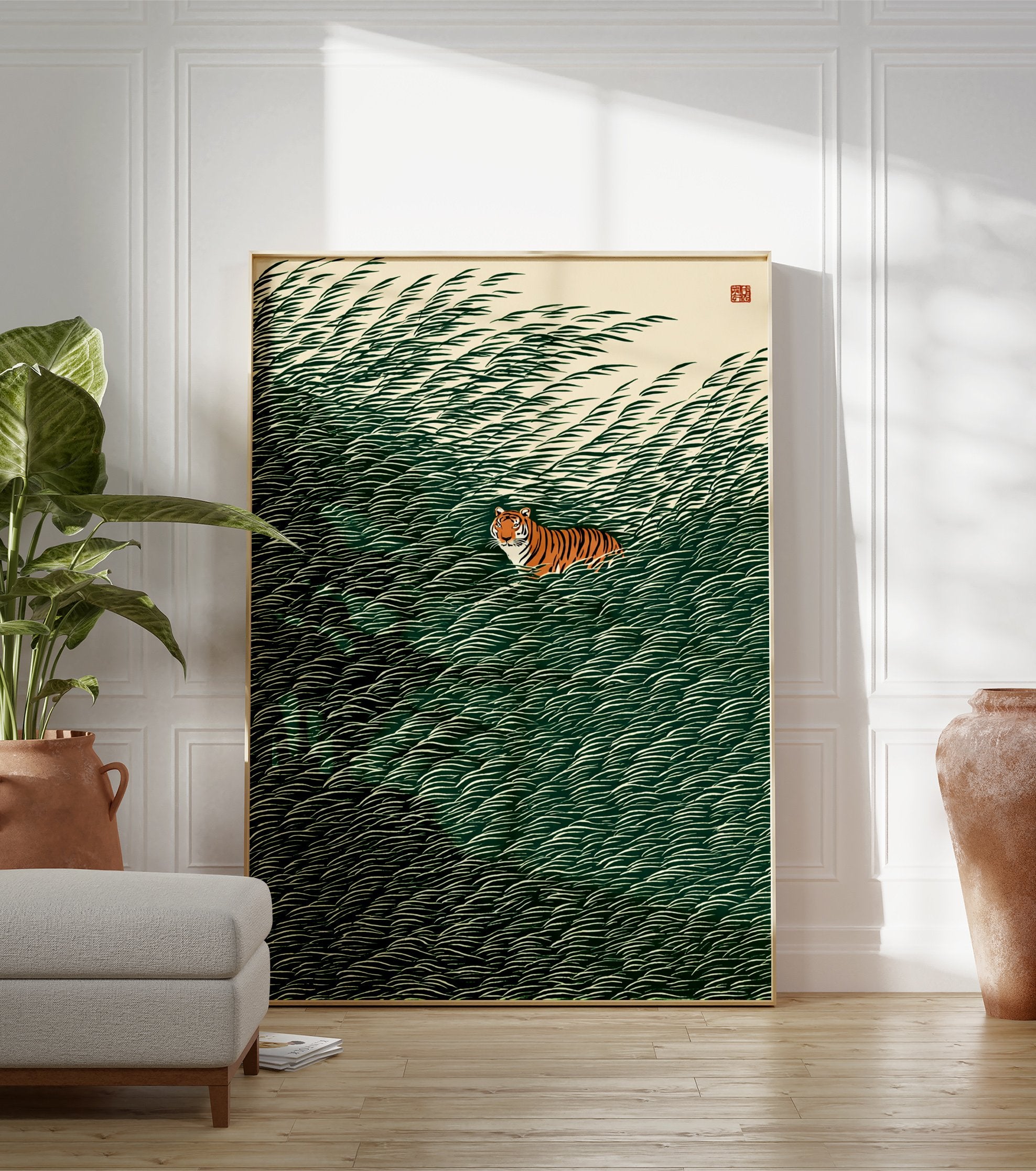 Tiger in grass poster with a stylized orange and black tiger peeking from dark green, wavy reeds against a light background. - Image 3