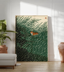 Tiger in grass poster with a stylized orange and black tiger peeking from dark green, wavy reeds against a light background. - Image 3