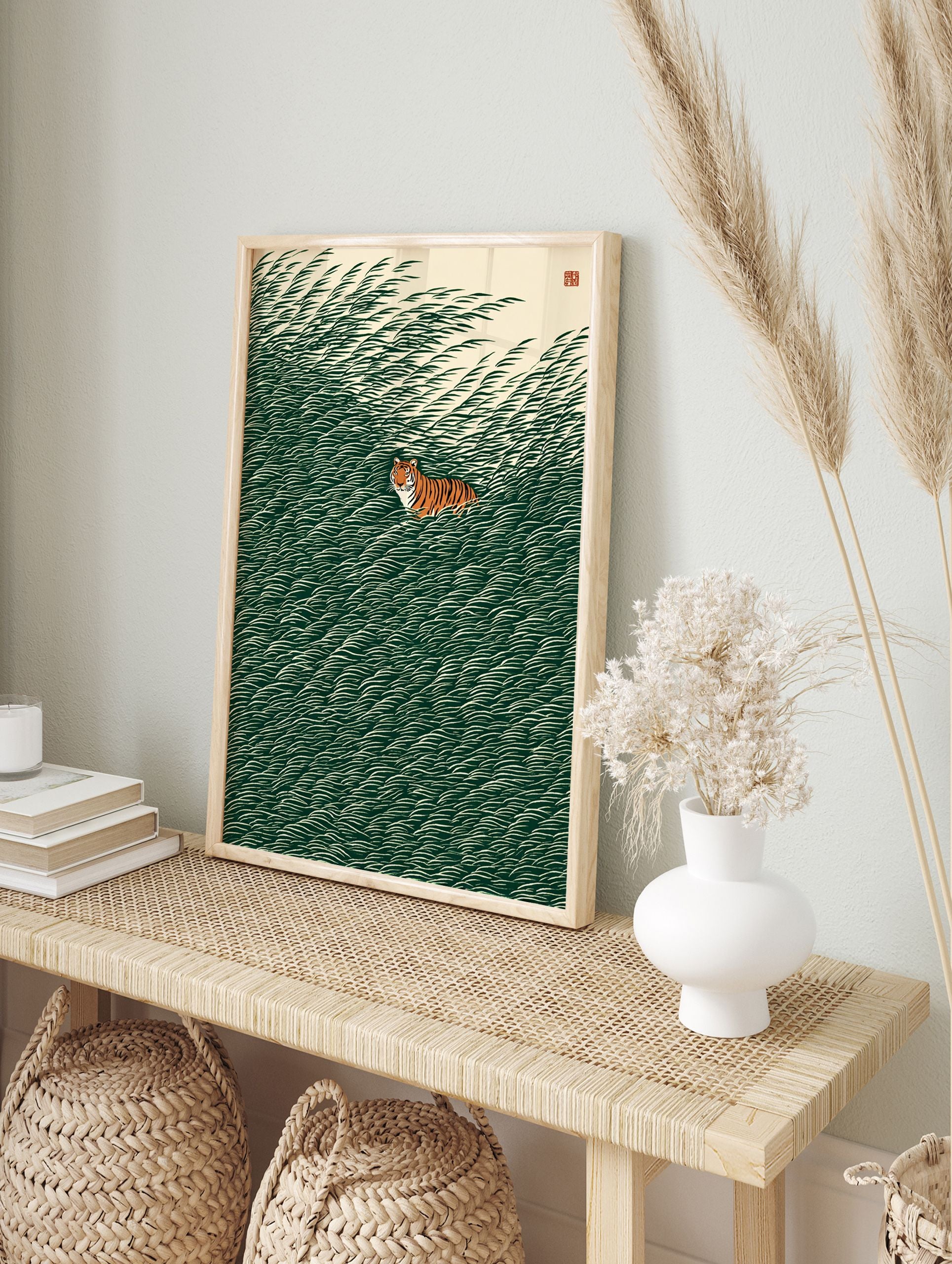 Tiger in grass poster with a stylized orange and black tiger peeking from dark green, wavy reeds against a light background. - Image 4