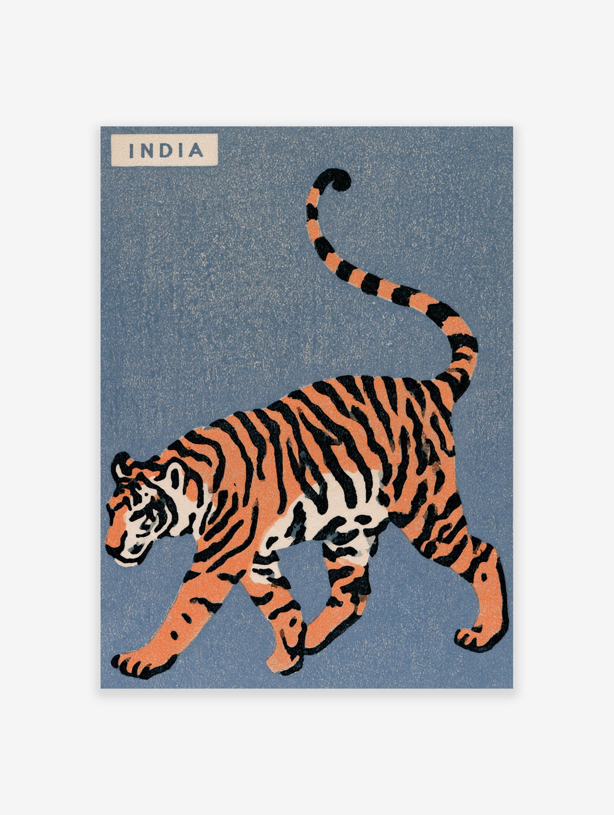 Vintage style tiger illustration with India text on a blue background, animal wall art print