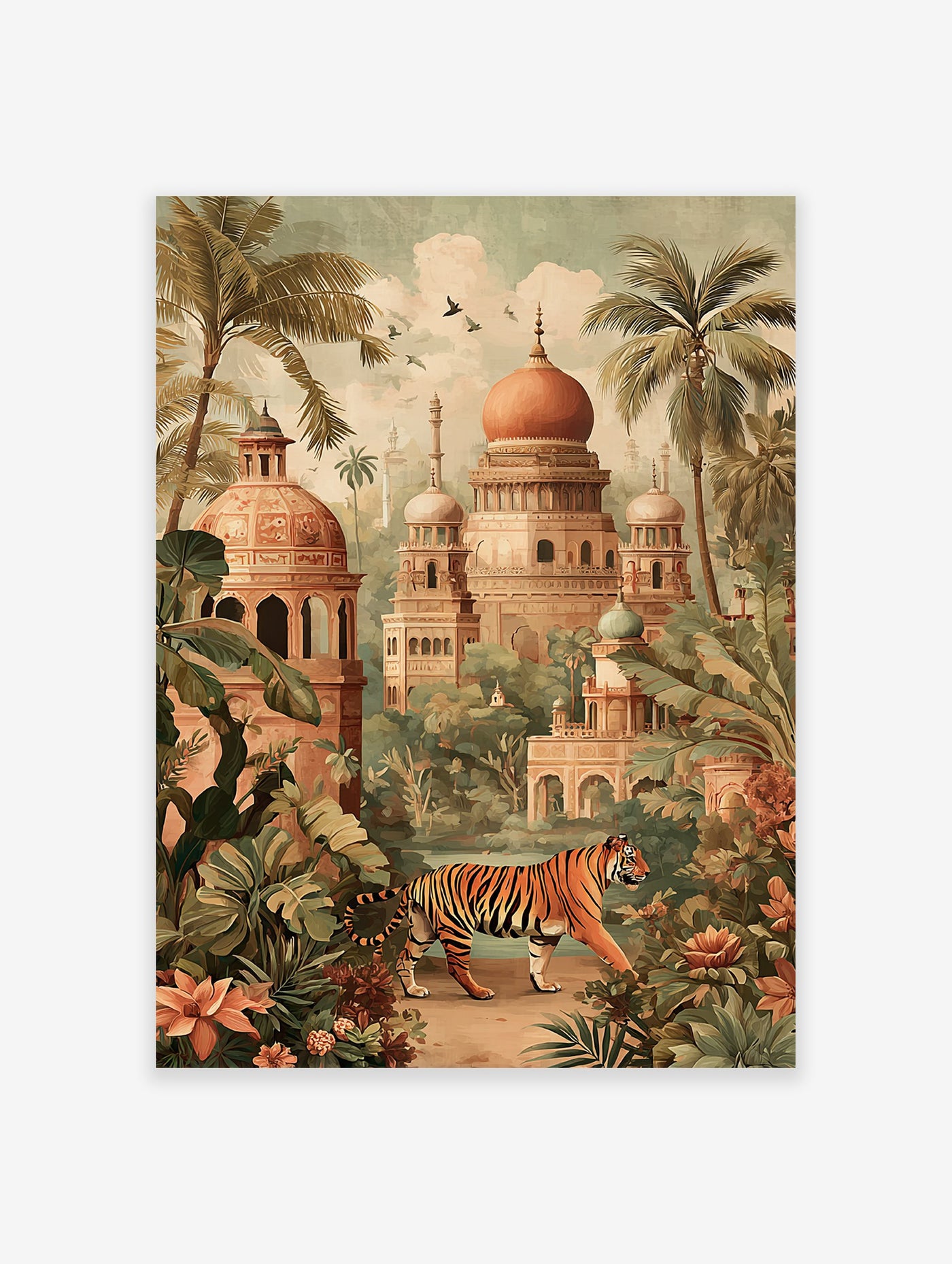 A vibrant Tiger Palace poster featuring a tiger walking through a lush jungle with Indian architectural buildings and palm trees.