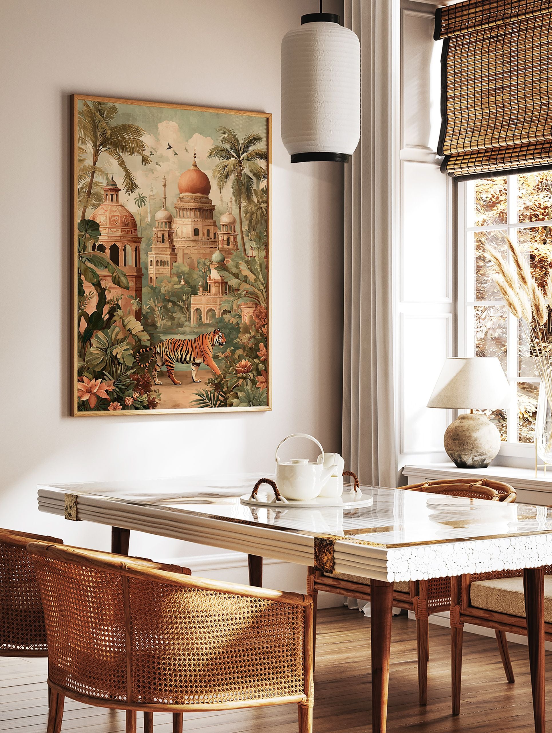 A vibrant Tiger Palace poster featuring a tiger walking through a lush jungle with Indian architectural buildings and palm trees. - Image 2