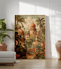 A vibrant Tiger Palace poster featuring a tiger walking through a lush jungle with Indian architectural buildings and palm trees. - Image 3