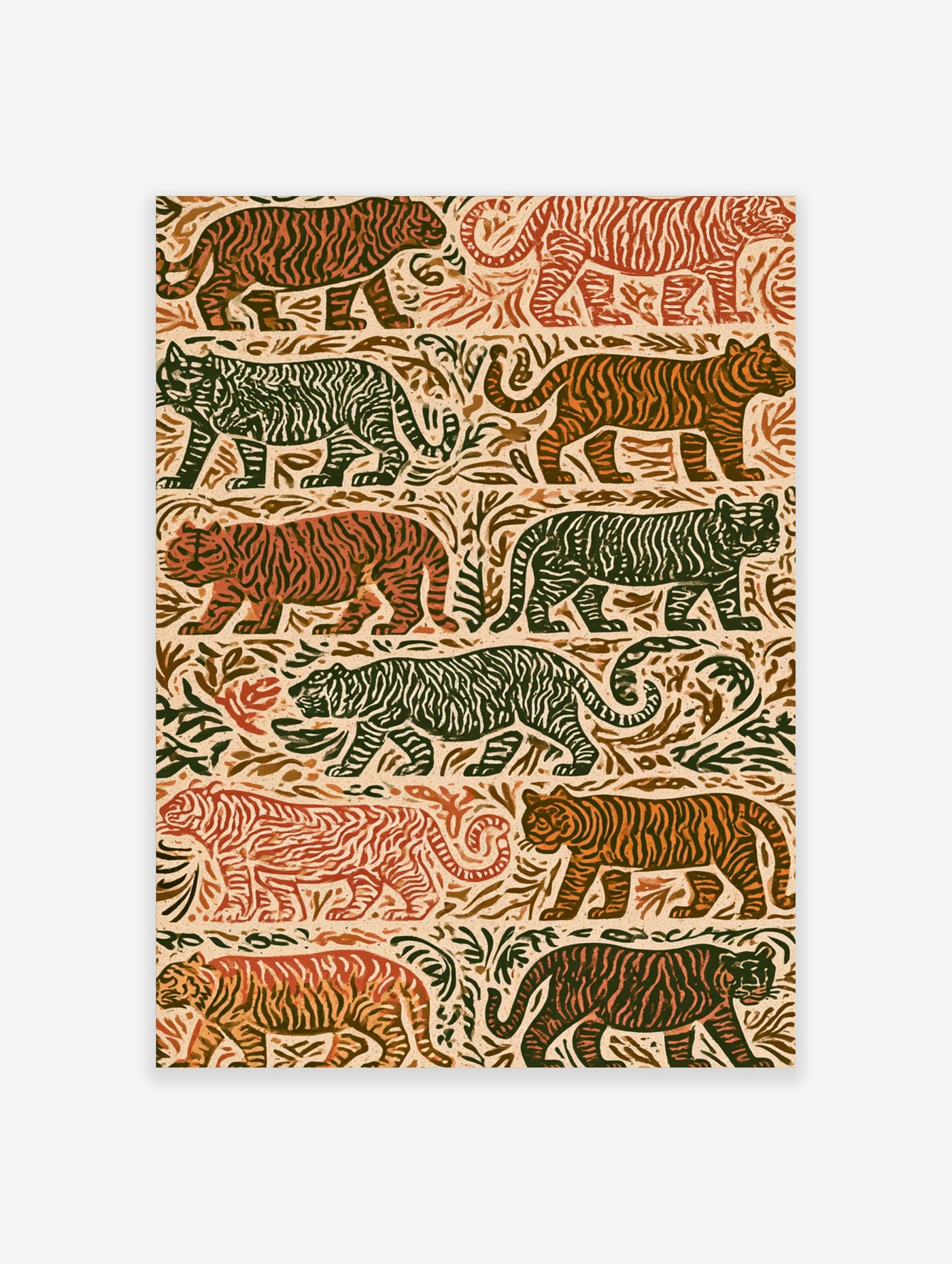 Tiger pattern wall art with stylised tigers in earthy tones and jungle foliage on cream background