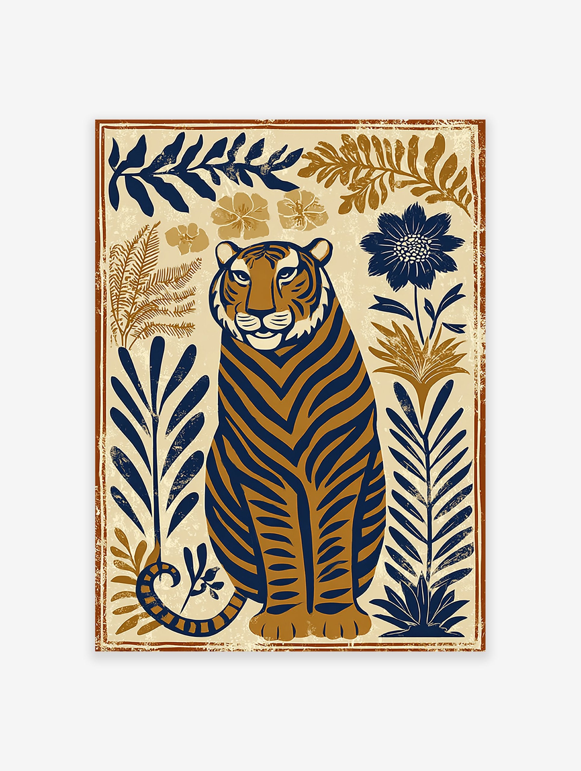 Tiger poster featuring a stylized blue and brown tiger sitting amongst botanical leaves and flowers on a cream background.