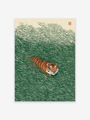 Japanese style tiger poster with an orange and black striped tiger in vibrant green tall grass, with a red seal in the top right.