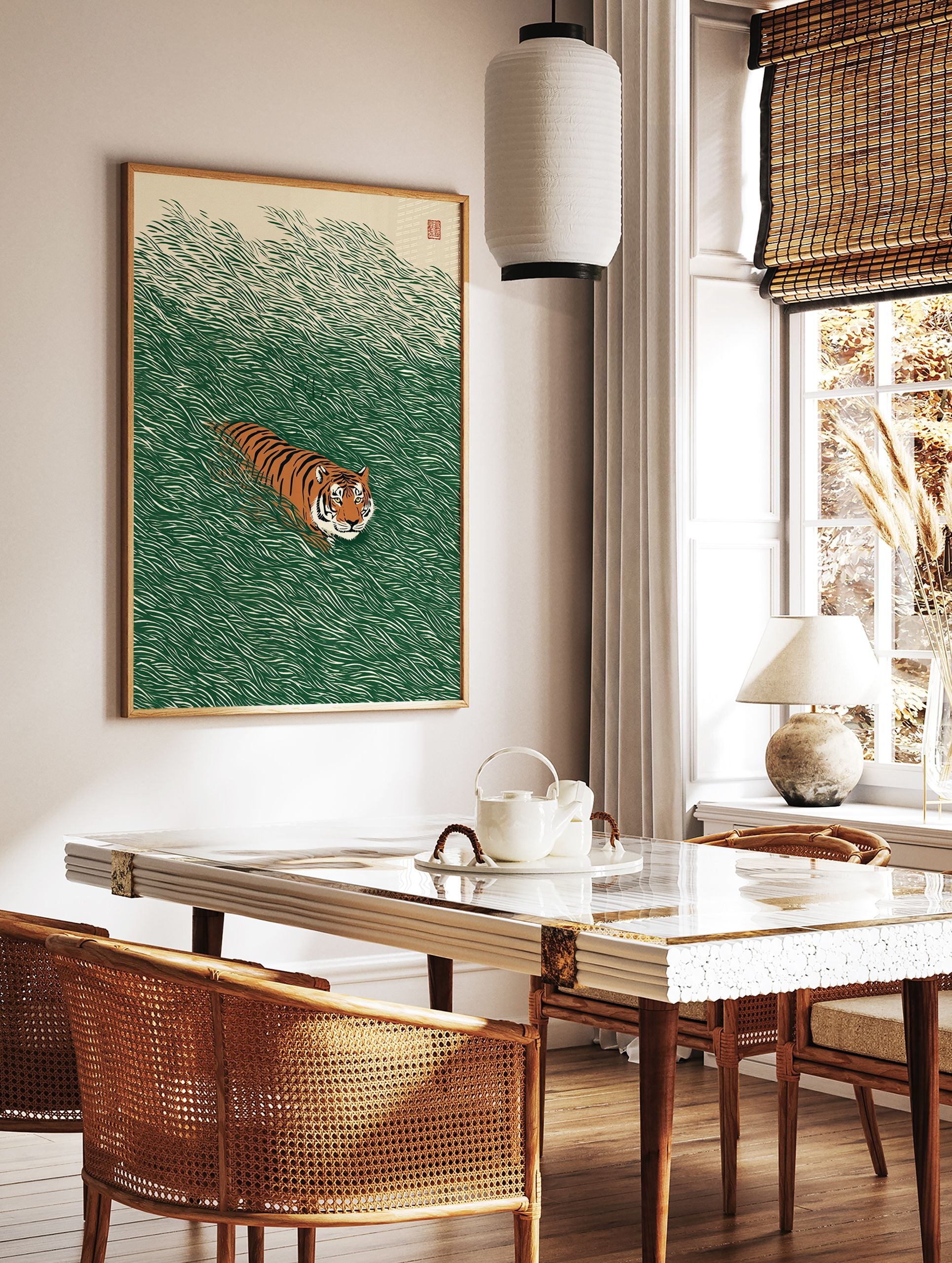 Japanese style tiger poster with an orange and black striped tiger in vibrant green tall grass, with a red seal in the top right. - Image 2