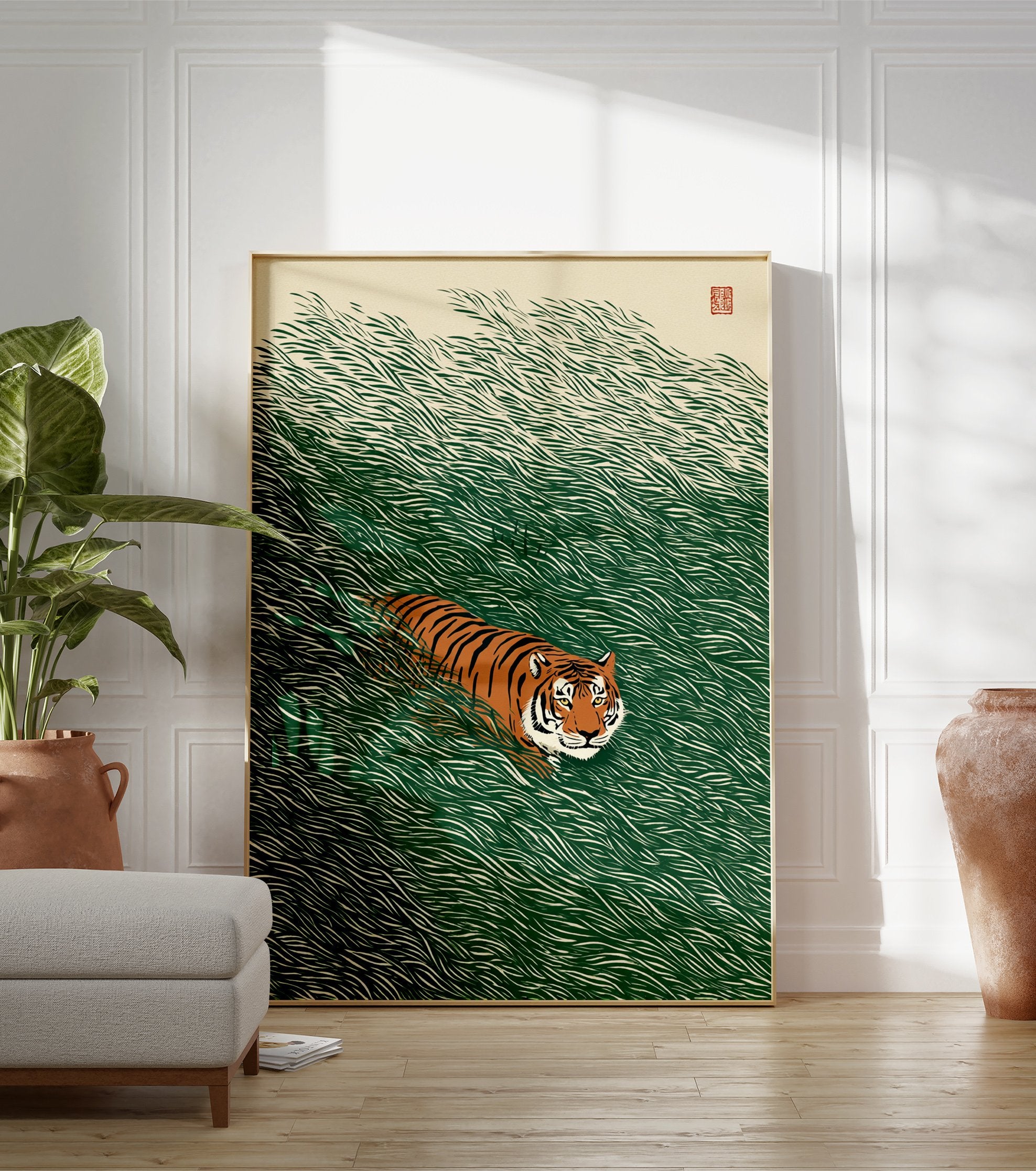 Japanese style tiger poster with an orange and black striped tiger in vibrant green tall grass, with a red seal in the top right. - Image 3