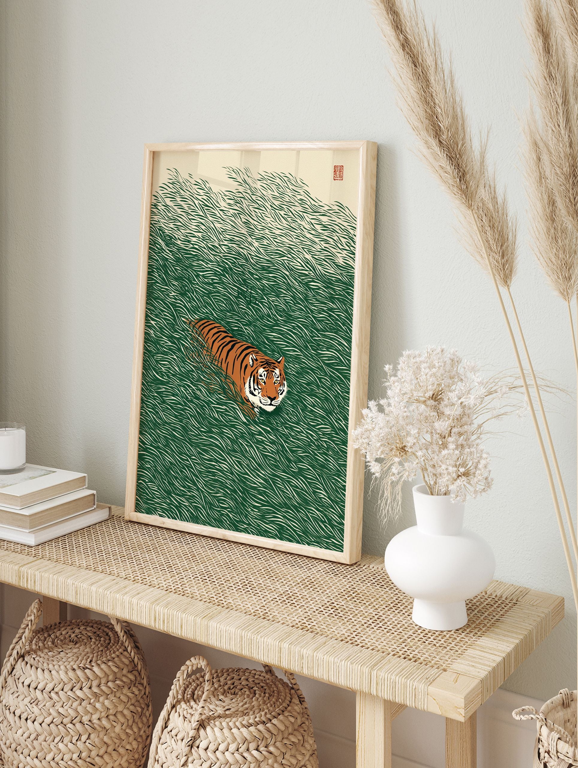 Japanese style tiger poster with an orange and black striped tiger in vibrant green tall grass, with a red seal in the top right. - Image 4