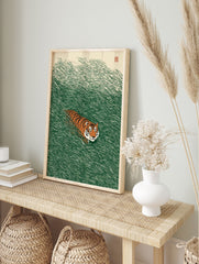 Japanese style tiger poster with an orange and black striped tiger in vibrant green tall grass, with a red seal in the top right. - Image 4
