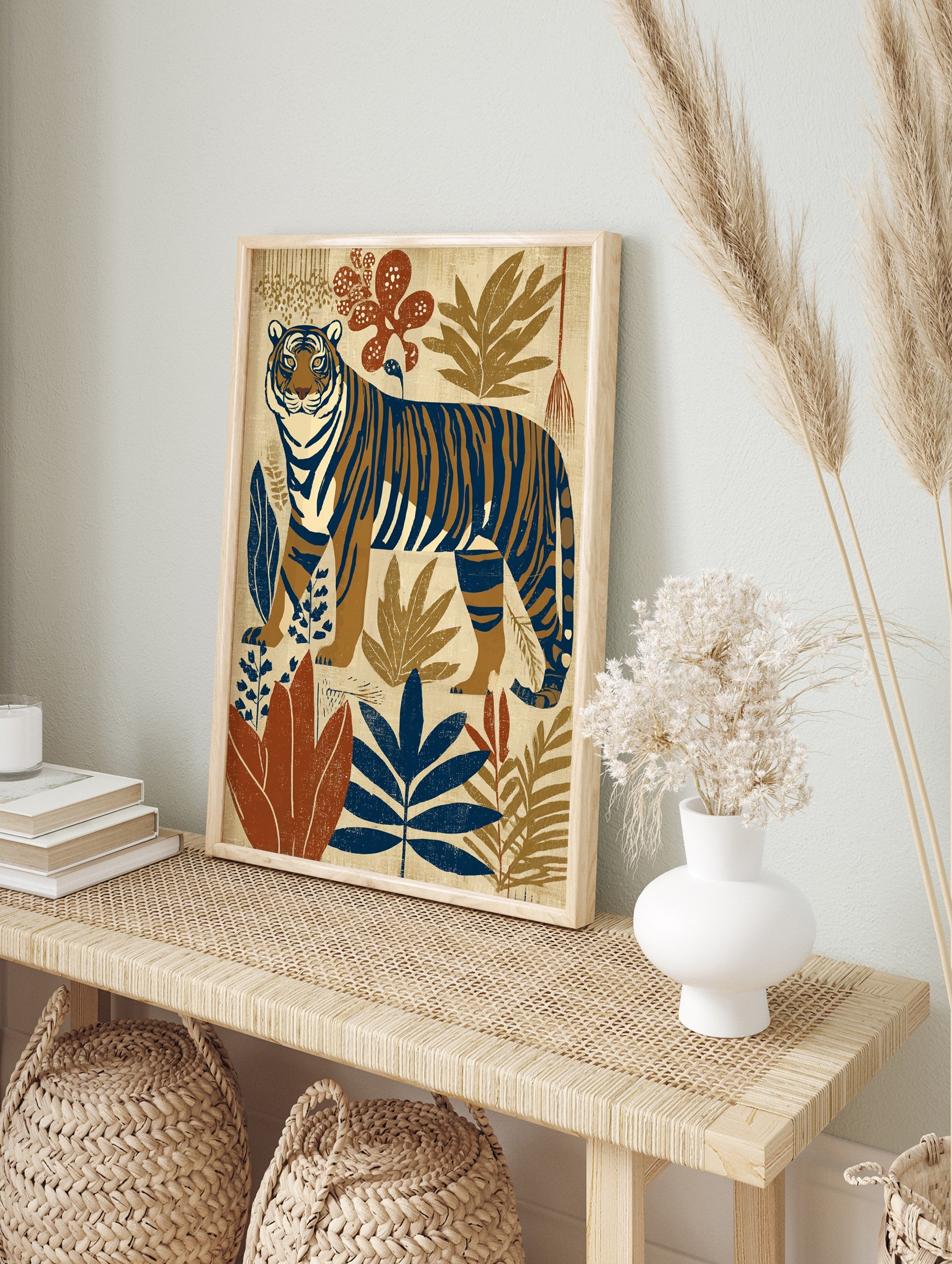 Illustrated tiger poster with blue and brown stripes standing amidst stylized jungle leaves in earth tones. - Image 4