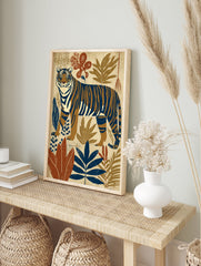Illustrated tiger poster with blue and brown stripes standing amidst stylized jungle leaves in earth tones. - Image 4