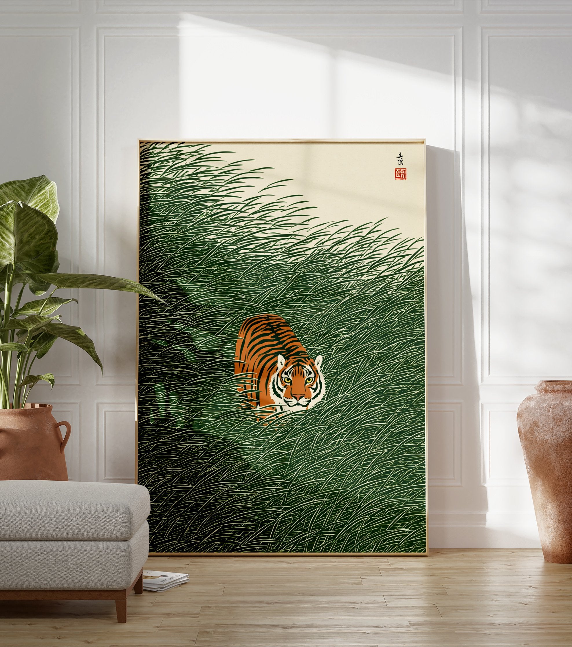 Japanese illustration style poster of an orange and black tiger peeking through dense green grass in a natural setting. - Image 3