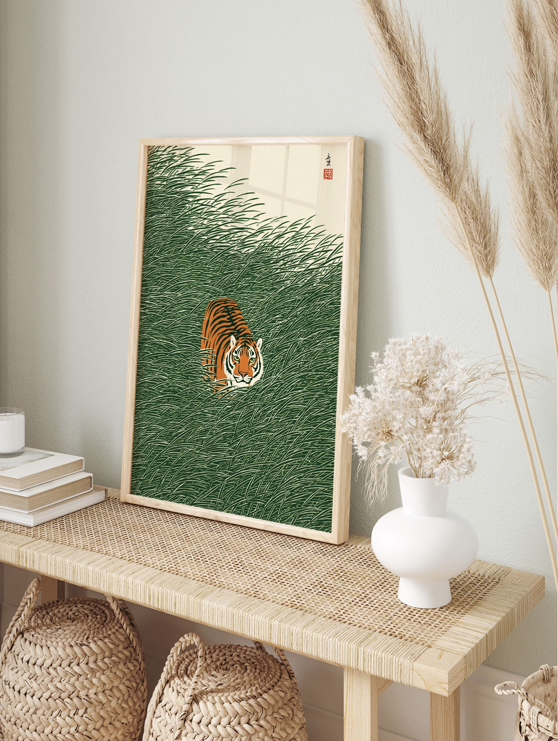 Japanese illustration style poster of an orange and black tiger peeking through dense green grass in a natural setting. - Image 4