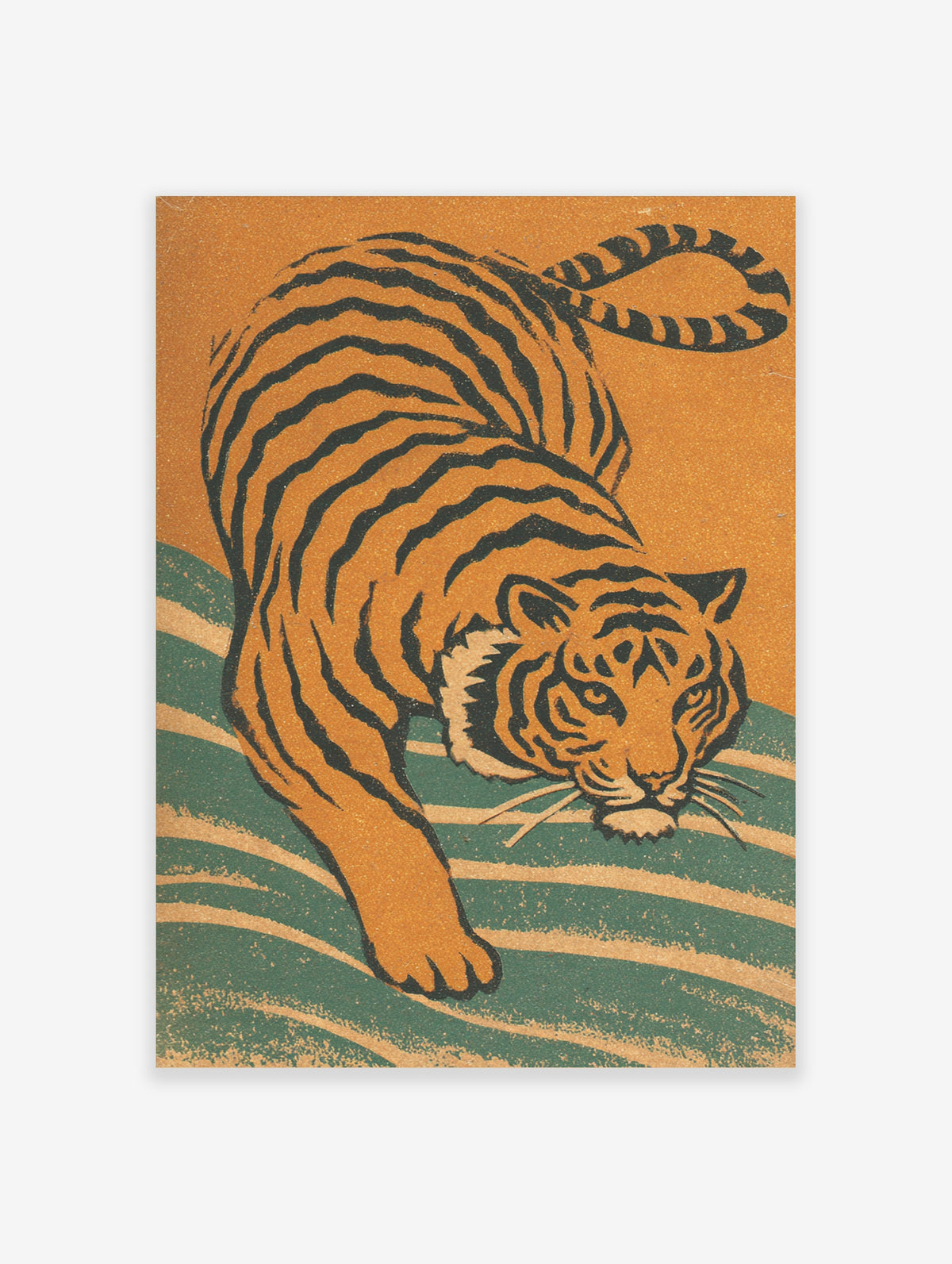 Orange tiger with black stripes crouching above green wave bands in a Japanese woodblock-style poster