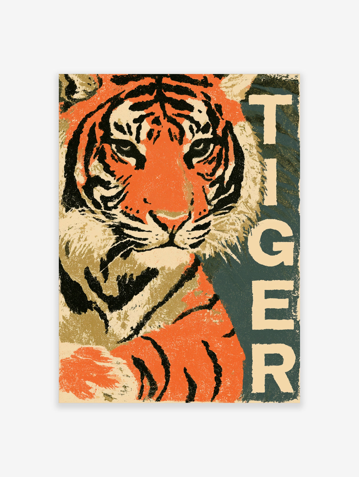 Orange tiger face poster with black stripes and vertical TIGER text on dark teal background