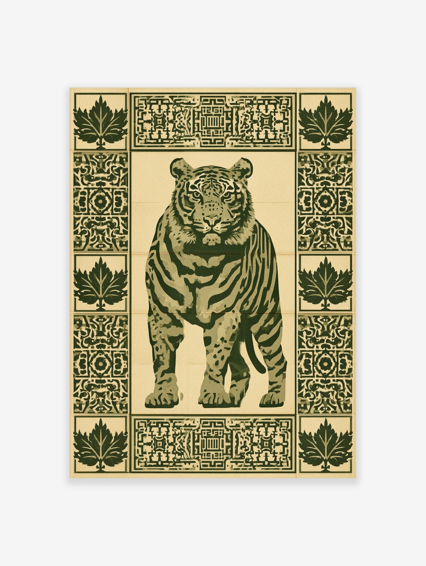 Tiger illustration poster with ornate green border and leaf motifs on beige background