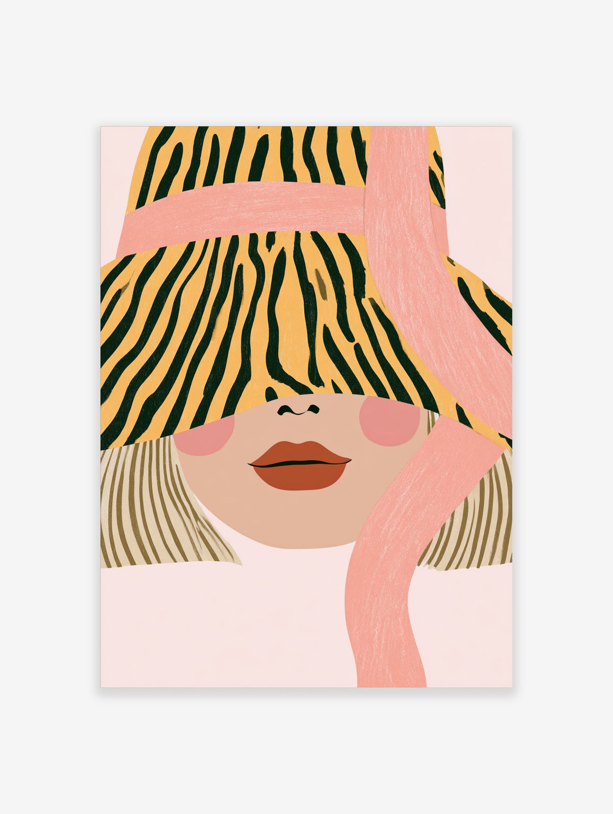 Tiger print wall art with pink abstract portrait, black stripes, wide-brim hat, and pink background
