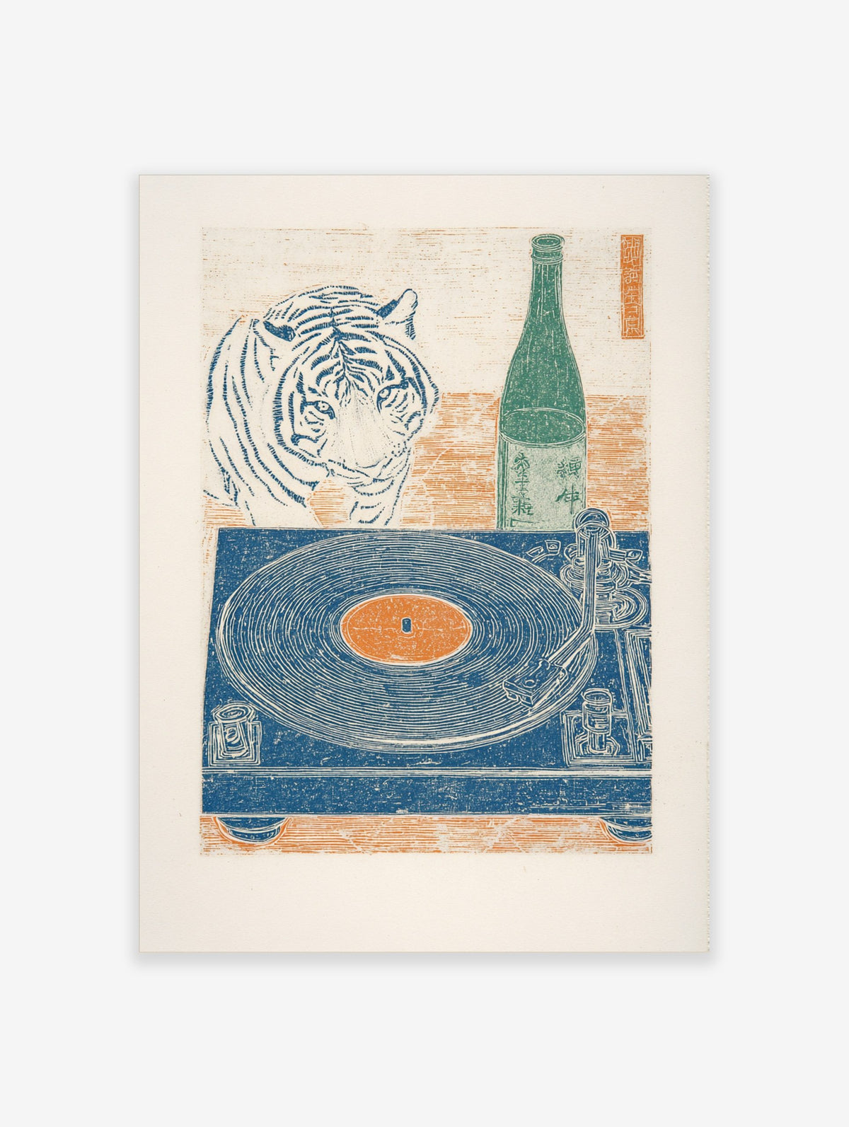 Tiger head, green sake bottle, blue record player with orange record, Japanese woodblock print style